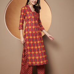 Poshak Hub Women Red Cotton Printed A Line Kurta and palazzo.