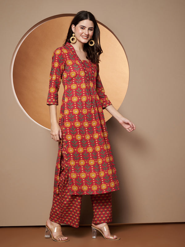 Poshak Hub Women Red Cotton Printed A Line Kurta and palazzo.