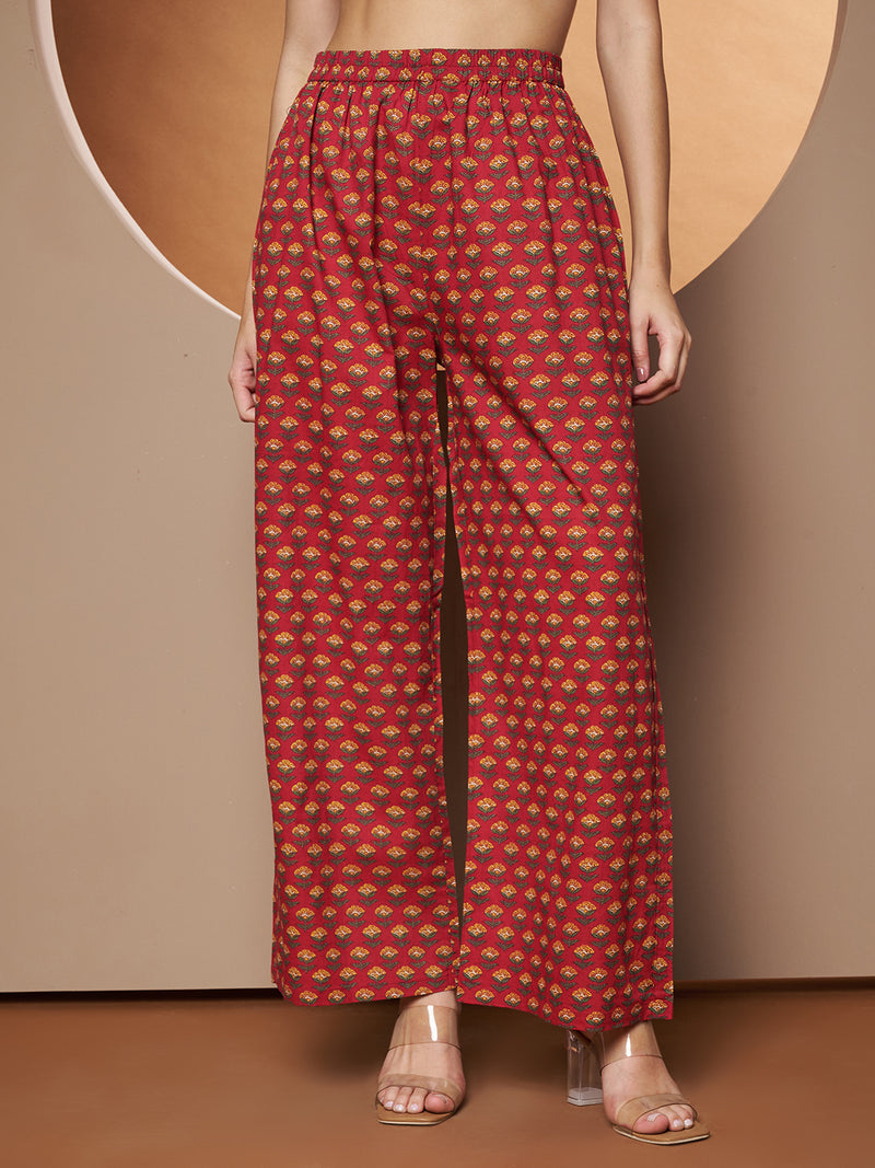 Poshak Hub Women Red Cotton Printed A Line Kurta and palazzo.