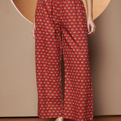 Poshak Hub Women Red Cotton Printed A Line Kurta and palazzo.