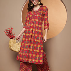 Poshak Hub Women Red Cotton Printed A Line Kurta and palazzo.
