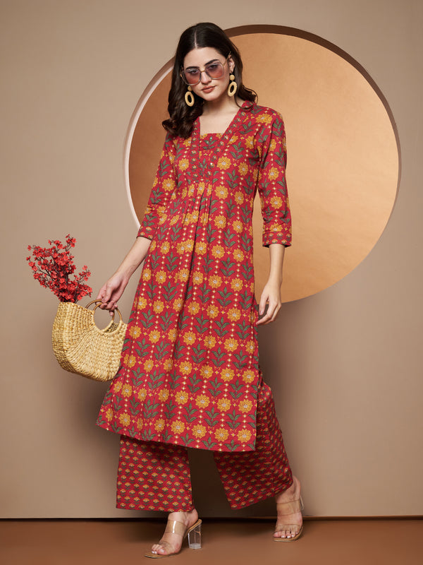 Poshak Hub Women Red Cotton Printed A Line Kurta and palazzo.