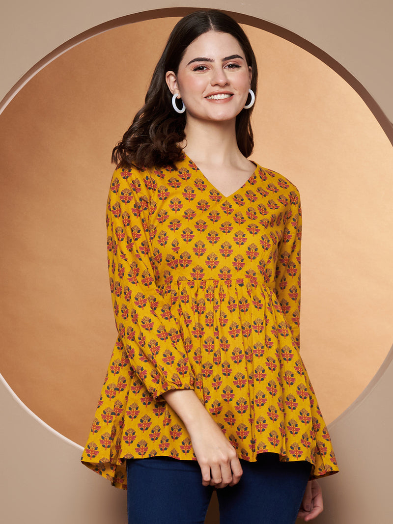 Poshak Hub Yellow Floral Print V Neck Top