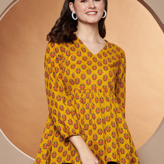 Poshak Hub Yellow Floral Print V Neck Top