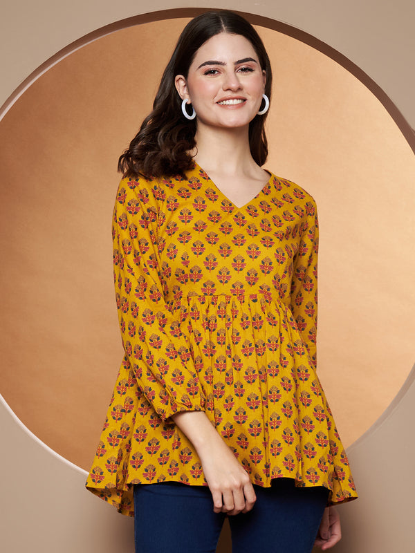 Poshak Hub Yellow Floral Print V Neck Top