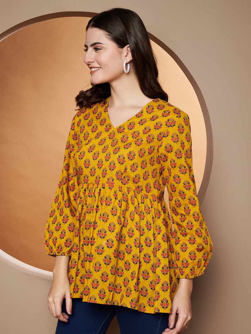 Poshak Hub Yellow Floral Print V Neck Top