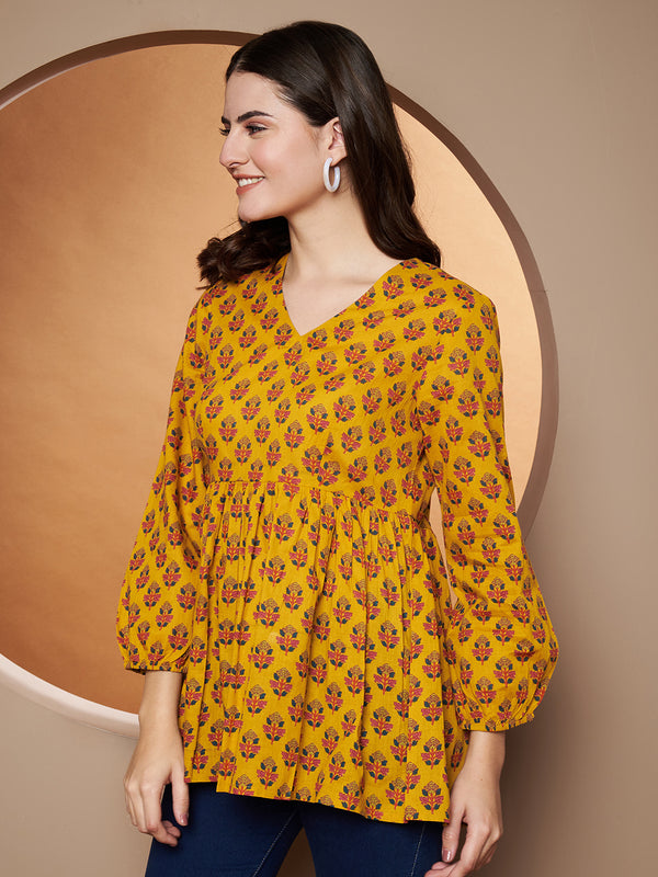 Poshak Hub Yellow Floral Print V Neck Top