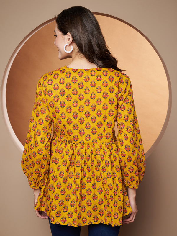 Poshak Hub Yellow Floral Print V Neck Top