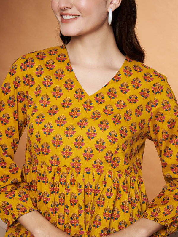 Poshak Hub Yellow Floral Print V Neck Top
