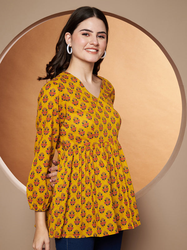 Poshak Hub Yellow Floral Print V Neck Top
