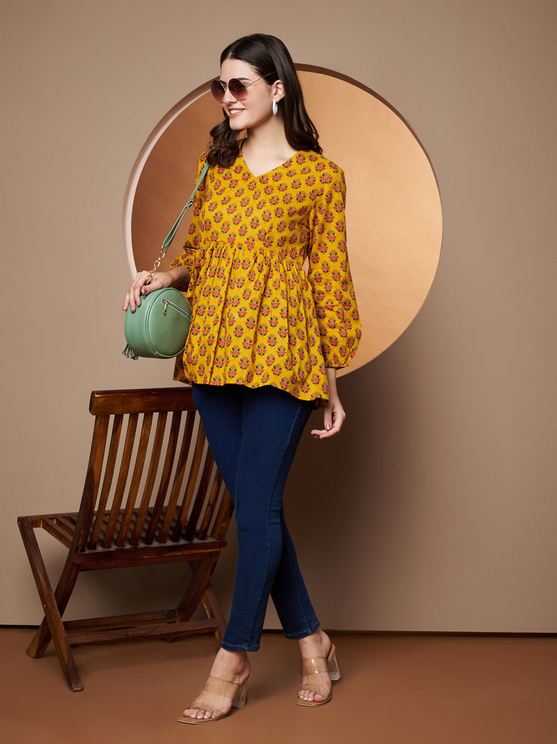 Poshak Hub Yellow Floral Print V Neck Top