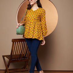 Poshak Hub Yellow Floral Print V Neck Top