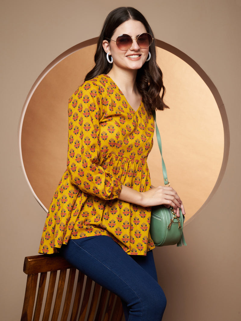 Poshak Hub Yellow Floral Print V Neck Top