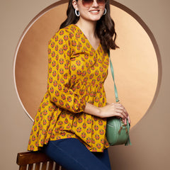 Poshak Hub Yellow Floral Print V Neck Top