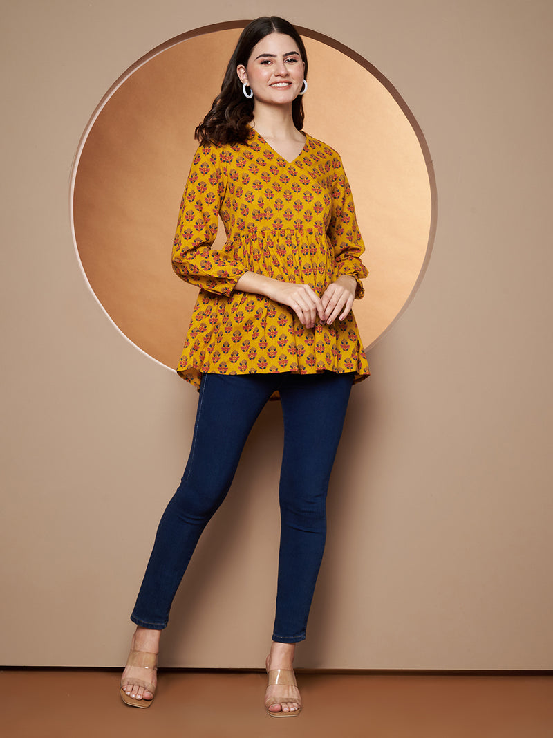 Poshak Hub Yellow Floral Print V Neck Top
