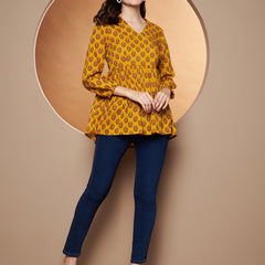 Poshak Hub Yellow Floral Print V Neck Top