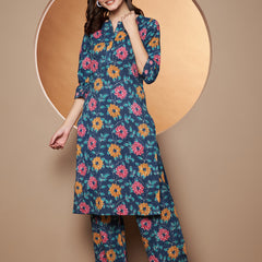 Poshak Hub Women Blue Katha Cotton Printed A Line Kurta and palazzo.