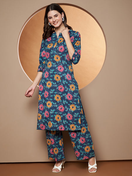 Poshak Hub Women Blue Katha Cotton Printed A Line Kurta and palazzo.