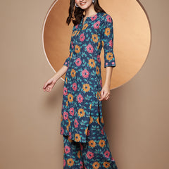 Poshak Hub Women Blue Katha Cotton Printed A Line Kurta and palazzo.