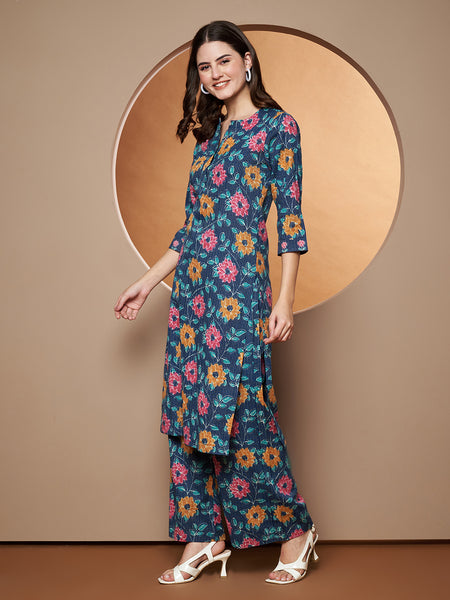 Poshak Hub Women Blue Katha Cotton Printed A Line Kurta and palazzo.
