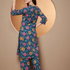 Poshak Hub Women Blue Katha Cotton Printed A Line Kurta and palazzo.