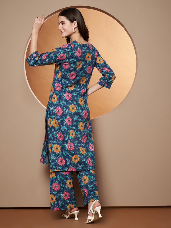 Poshak Hub Women Blue Katha Cotton Printed A Line Kurta and palazzo.