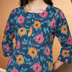 Poshak Hub Women Blue Katha Cotton Printed A Line Kurta and palazzo.