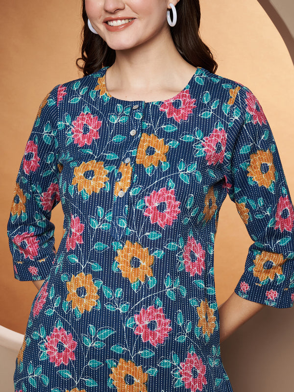 Poshak Hub Women Blue Katha Cotton Printed A Line Kurta and palazzo.