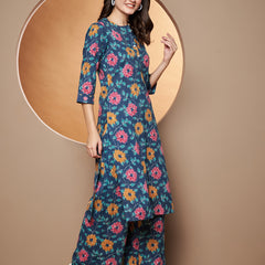 Poshak Hub Women Blue Katha Cotton Printed A Line Kurta and palazzo.
