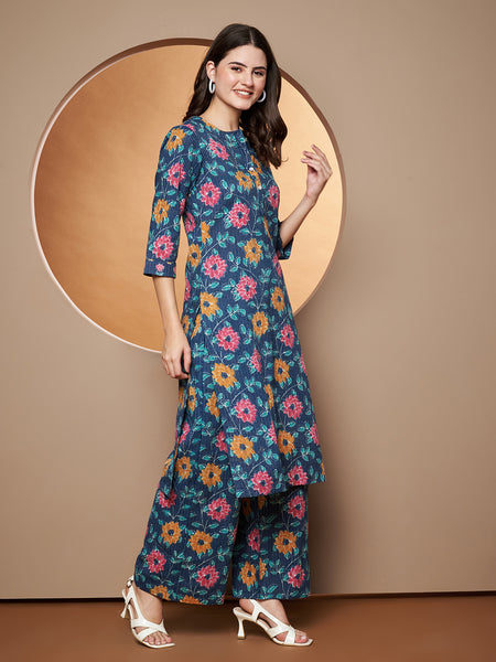 Poshak Hub Women Blue Katha Cotton Printed A Line Kurta and palazzo.