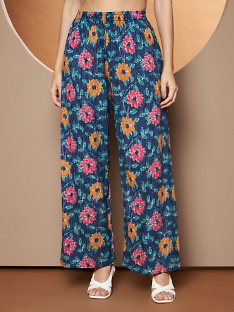 Poshak Hub Women Blue Katha Cotton Printed A Line Kurta and palazzo.
