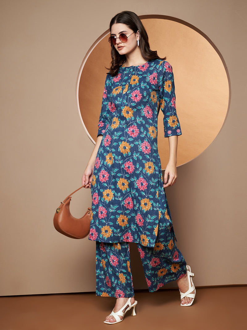 Poshak Hub Women Blue Katha Cotton Printed A Line Kurta and palazzo.