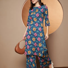 Poshak Hub Women Blue Katha Cotton Printed A Line Kurta and palazzo.