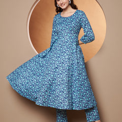 Poshak Hub Women Blue Katha Cotton Printed Anarkali Kurta and palazzo.