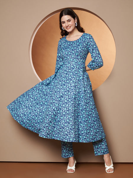 Poshak Hub Women Blue Katha Cotton Printed Anarkali Kurta and palazzo.