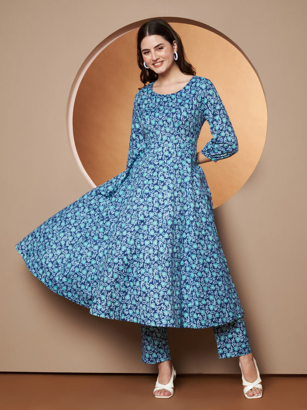 Poshak Hub Women Blue Katha Cotton Printed Anarkali Kurta and palazzo.