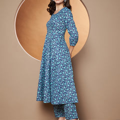 Poshak Hub Women Blue Katha Cotton Printed Anarkali Kurta and palazzo.