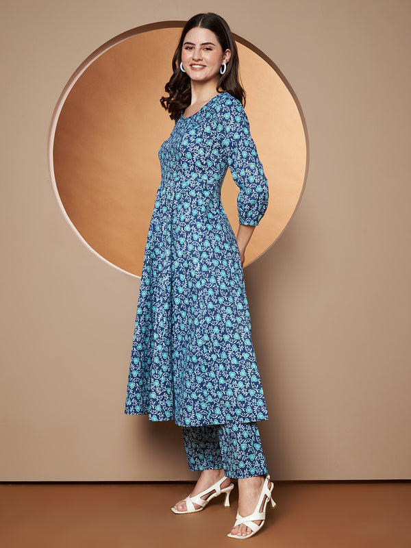Poshak Hub Women Blue Katha Cotton Printed Anarkali Kurta and palazzo.