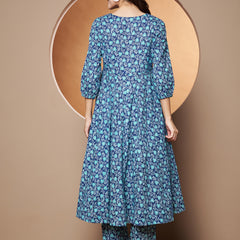 Poshak Hub Women Blue Katha Cotton Printed Anarkali Kurta and palazzo.