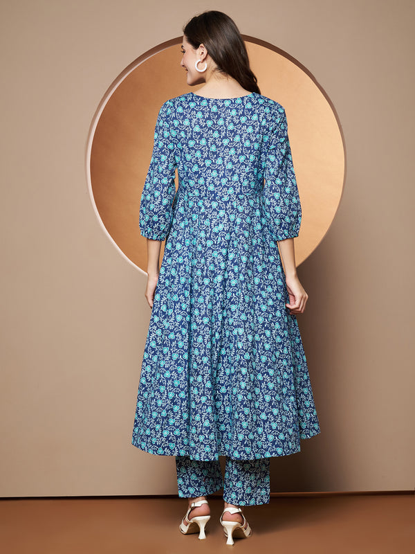 Poshak Hub Women Blue Katha Cotton Printed Anarkali Kurta and palazzo.