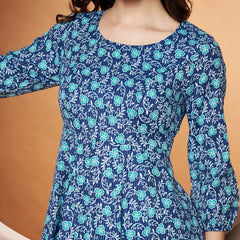 Poshak Hub Women Blue Katha Cotton Printed Anarkali Kurta and palazzo.