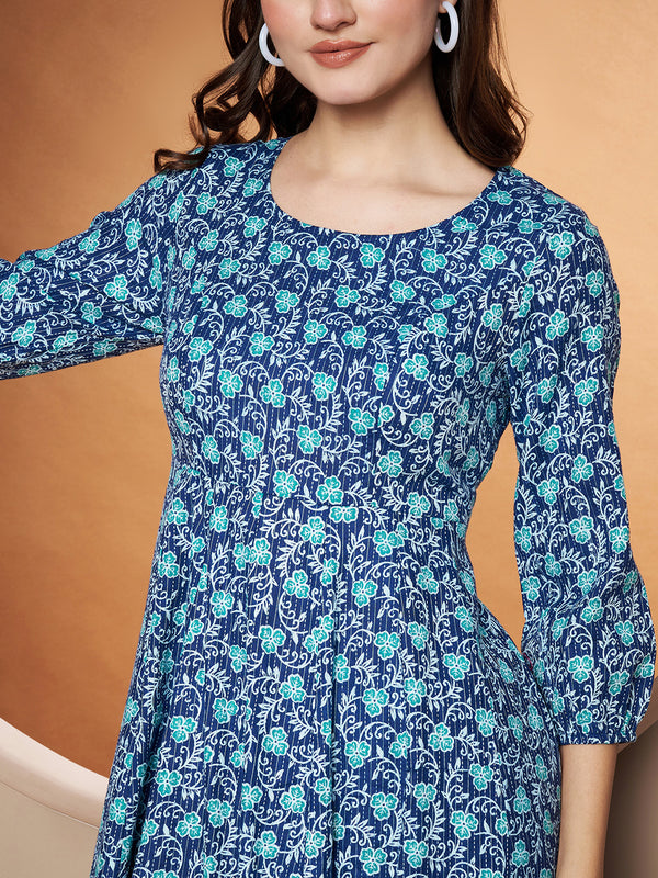 Poshak Hub Women Blue Katha Cotton Printed Anarkali Kurta and palazzo.