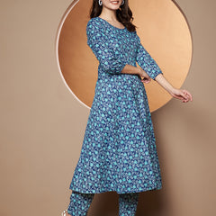 Poshak Hub Women Blue Katha Cotton Printed Anarkali Kurta and palazzo.