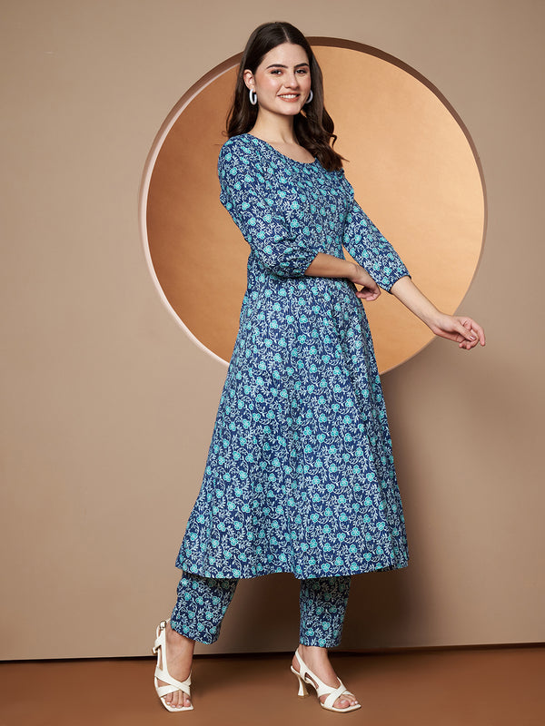 Poshak Hub Women Blue Katha Cotton Printed Anarkali Kurta and palazzo.