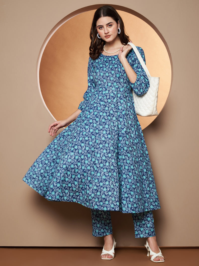 Poshak Hub Women Blue Katha Cotton Printed Anarkali Kurta and palazzo.