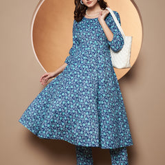 Poshak Hub Women Blue Katha Cotton Printed Anarkali Kurta and palazzo.