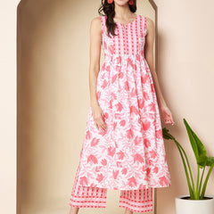 Poshak Hub Women White & Pink Cotton A Line Kurta and palazzo