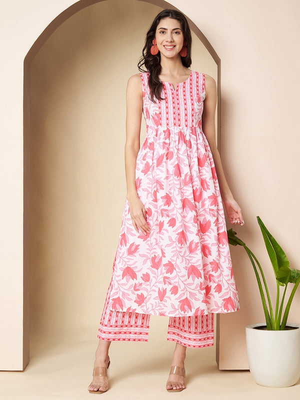 Poshak Hub Women White & Pink Cotton A Line Kurta and palazzo