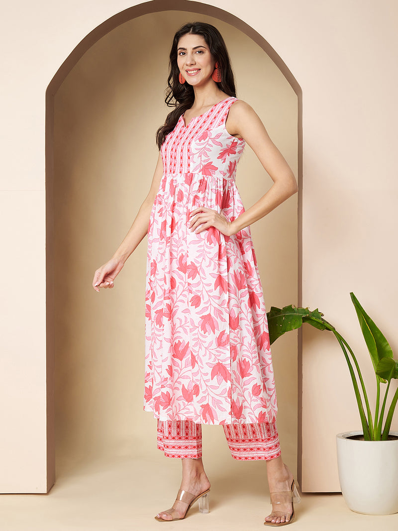 Poshak Hub Women White & Pink Cotton A Line Kurta and palazzo