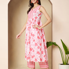 Poshak Hub Women White & Pink Cotton A Line Kurta and palazzo